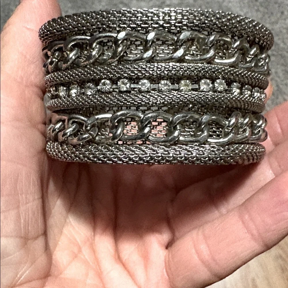 VINTAGE QUALITY METAL MESH CHAIN RHINESTONE FLEXIBLE ADJUSTABLE CUFF BRACELET